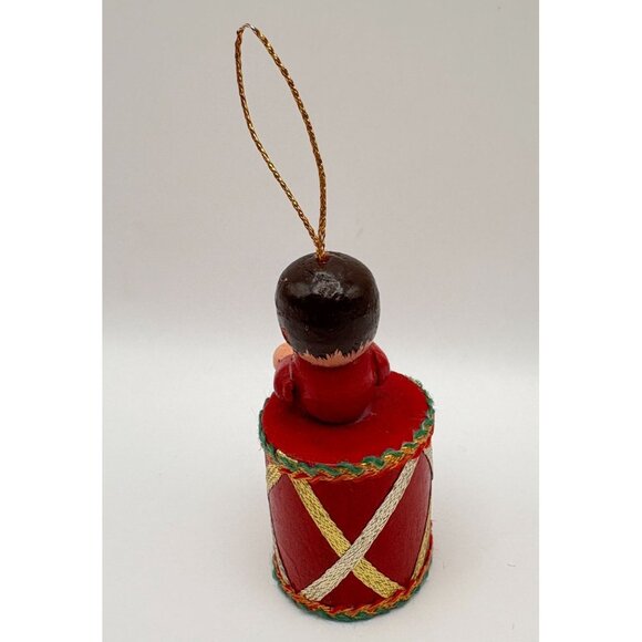 Vintage Wooden Drummer Boy Christmas Tree Ornament Red Drum & Gold Horn - Picture 2 of 8